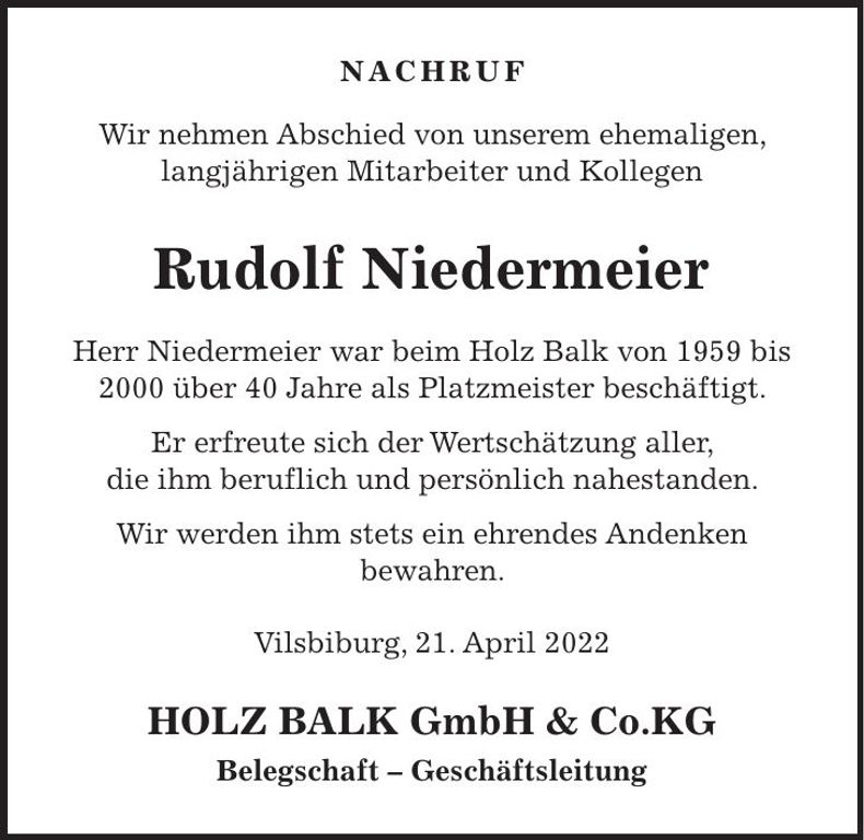 Traueranzeige Rudolf Niedermeier
