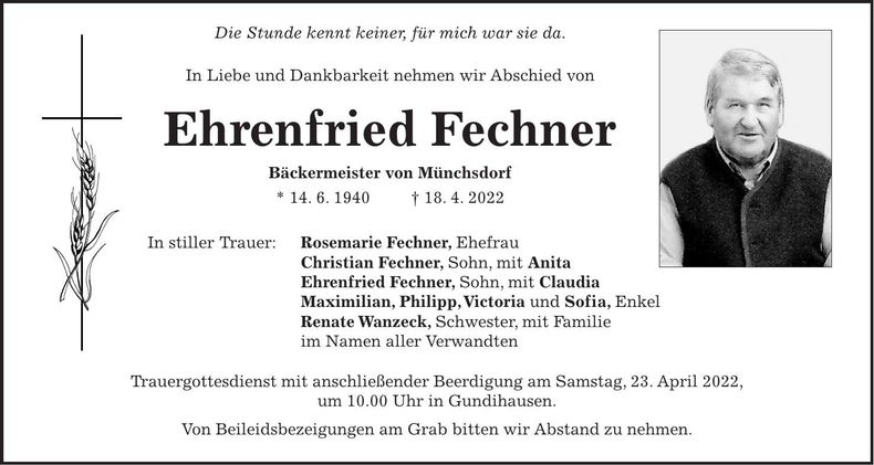 Traueranzeige Ehrenfried Fechner