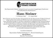 Traueranzeige Hans Steiner