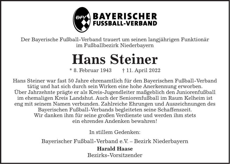 Traueranzeige Hans Steiner