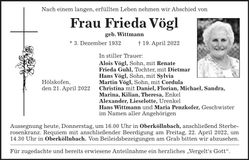 Traueranzeige Frieda Vögl