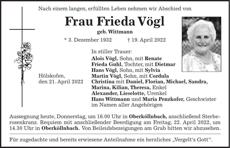 Traueranzeige Frieda Vögl