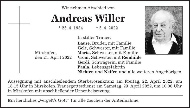 Traueranzeige Andreas Willer
