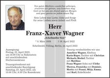 Traueranzeige Franz-Xaver Wagner