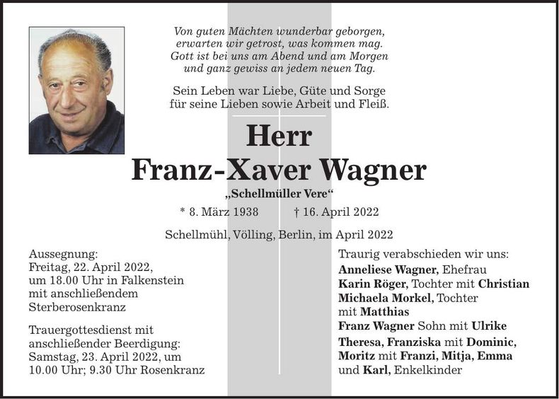 Traueranzeige Franz-Xaver Wagner