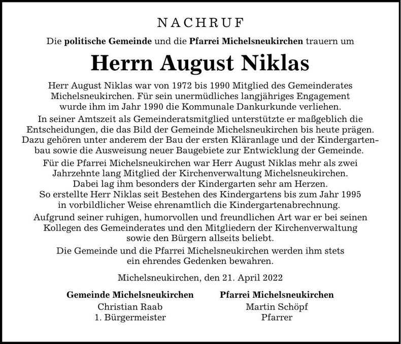 Traueranzeige Niklas August
