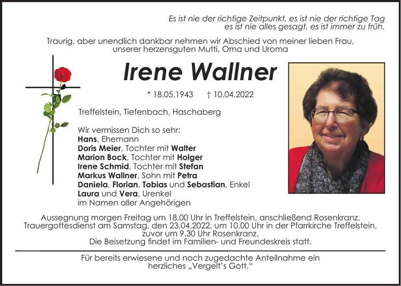Traueranzeige Irene Wallner