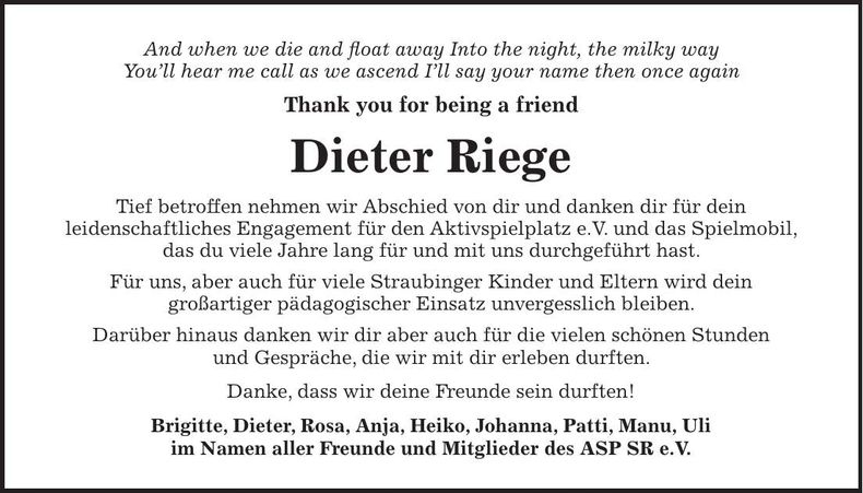 Traueranzeige Dieter Riege