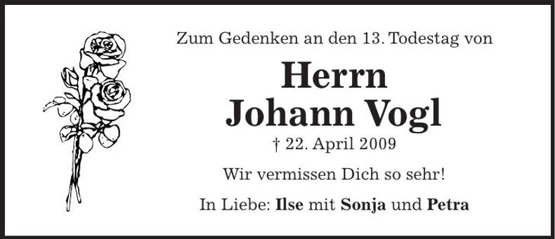 Traueranzeige Johann Vogl