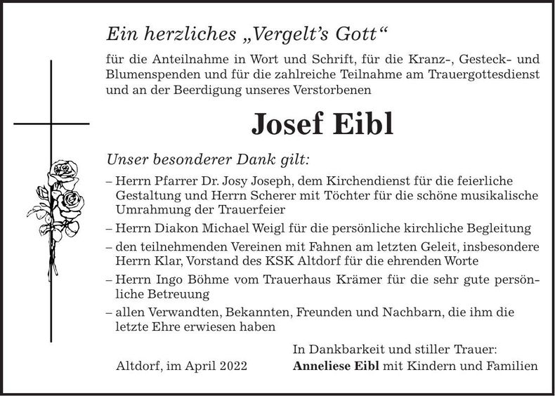 Traueranzeige Josef Eibl