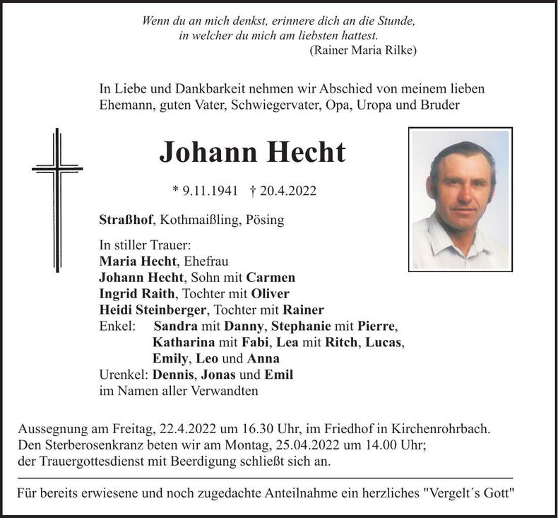 Traueranzeige Johann Hecht