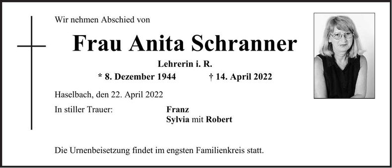 Traueranzeige Anita Schranner