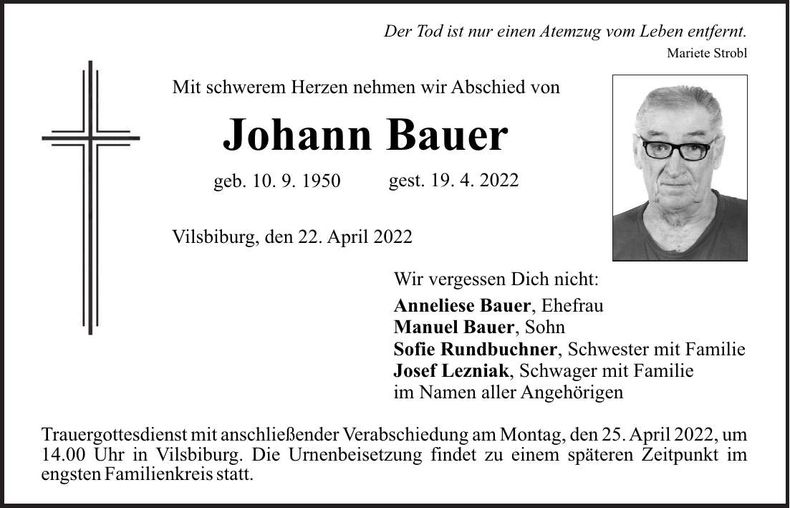 Traueranzeige Johann Bauer
