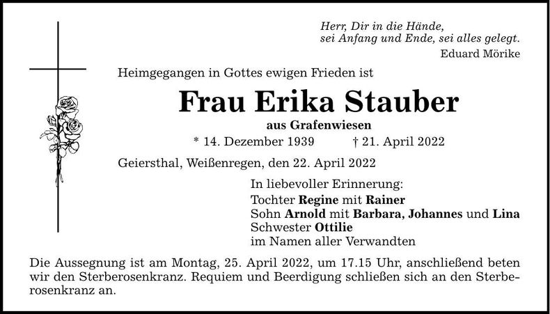 Traueranzeige Erika Stauber