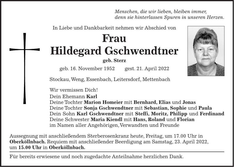 Traueranzeige Hildegard Gschwendtner