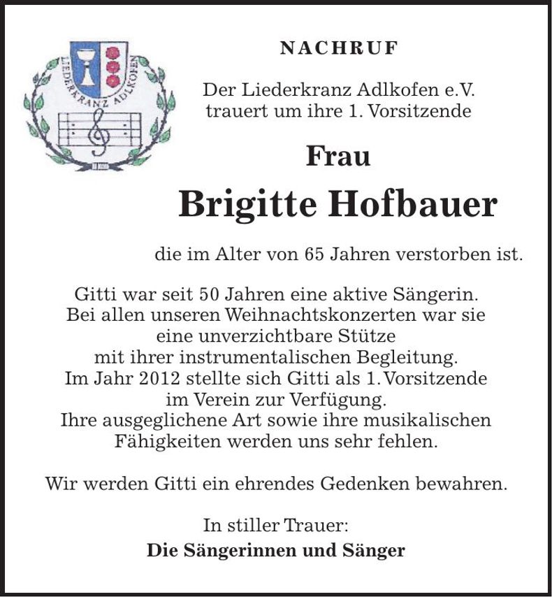 Traueranzeige Brigitte Hofbauer