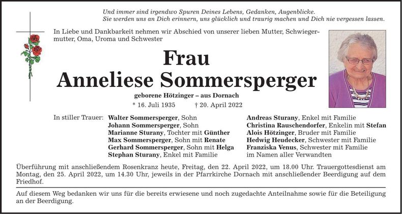 Traueranzeige Anneliese Sommersperger