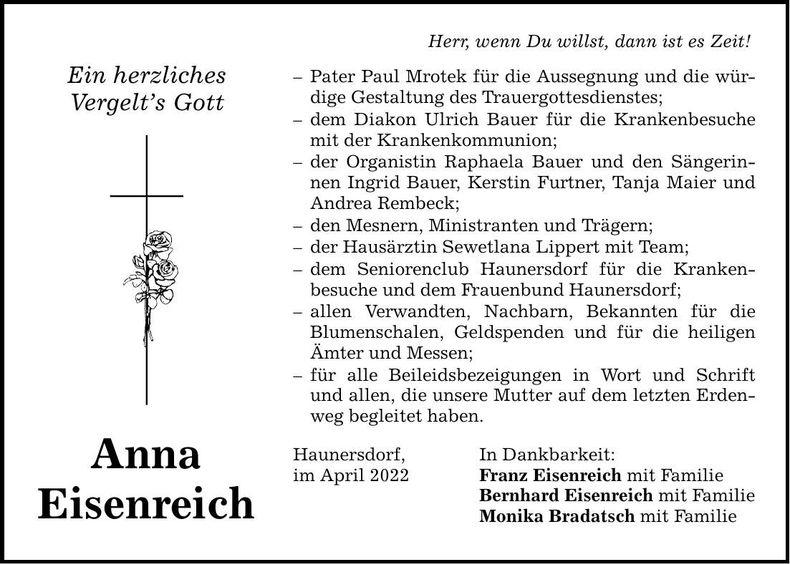 Traueranzeige Anna Eisenreich