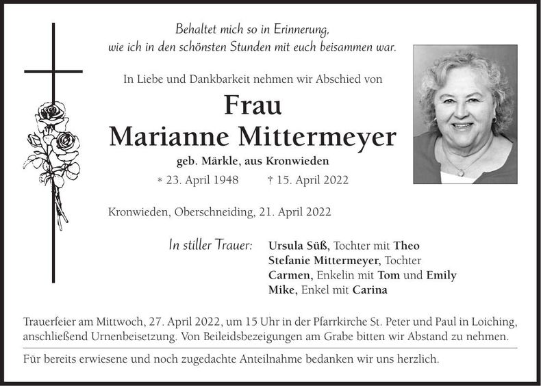 Traueranzeige Marianne Mittermeyer