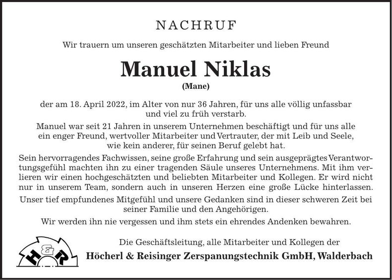 Traueranzeige Manuel Niklas