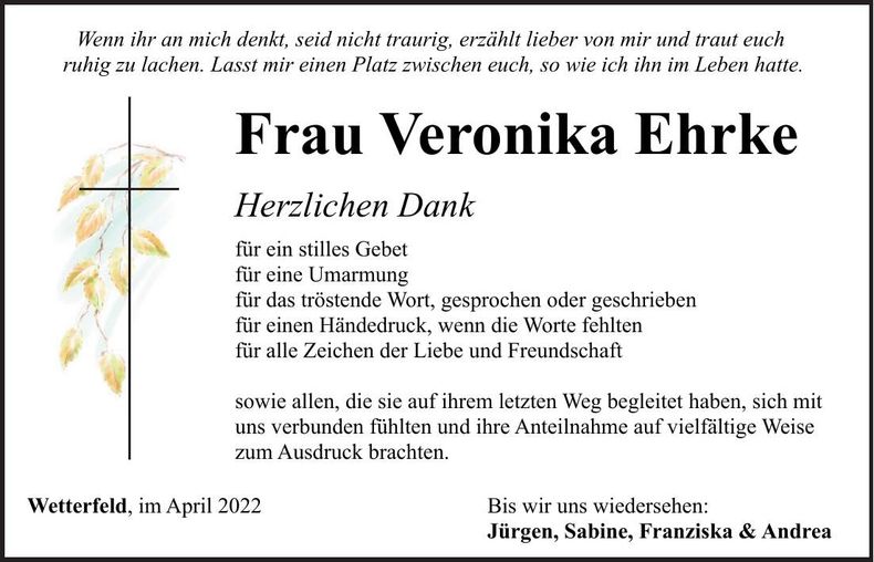 Traueranzeige Veronika Ehrke