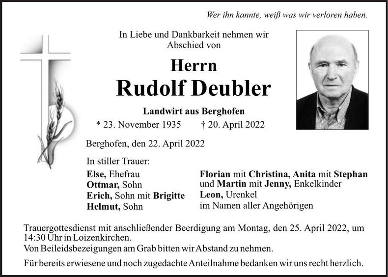 Traueranzeige Rudolf Deubler