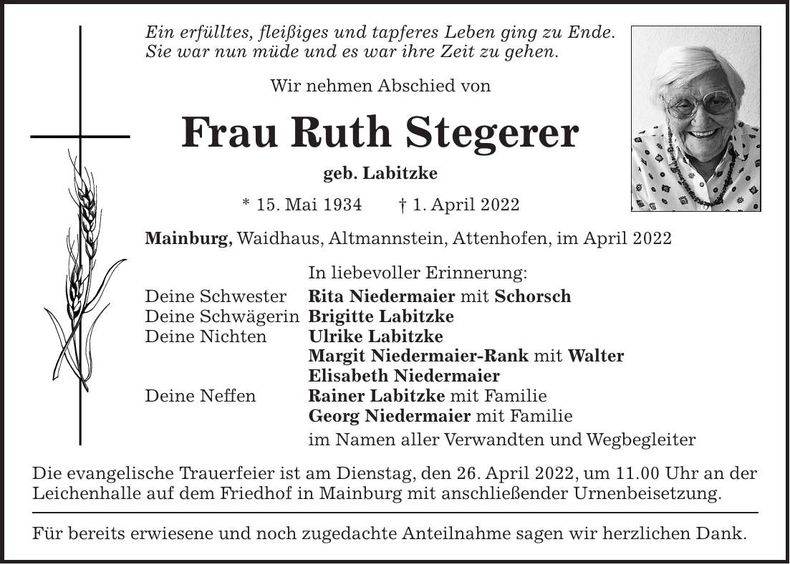 Traueranzeige Ruth Stegerer