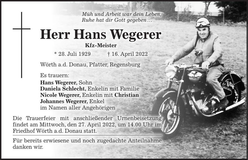Traueranzeige Hans Wegerer