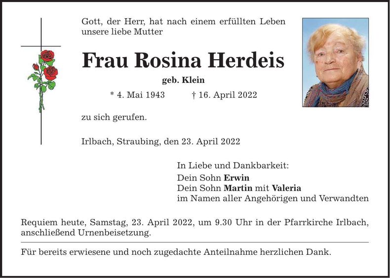 Traueranzeige Rosina Herdeis