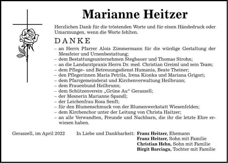 Traueranzeige Marianne Heitzer