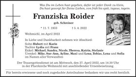 Traueranzeige Franziska Roider