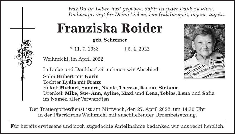 Traueranzeige Franziska Roider