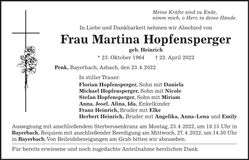 Traueranzeige Martina Hopfensperger