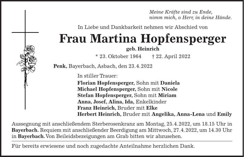 Traueranzeige Martina Hopfensperger