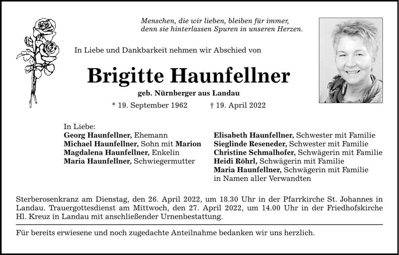 Traueranzeige Brigitte Haunfellner