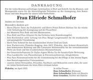 Traueranzeige Elfriede Schmalhofer