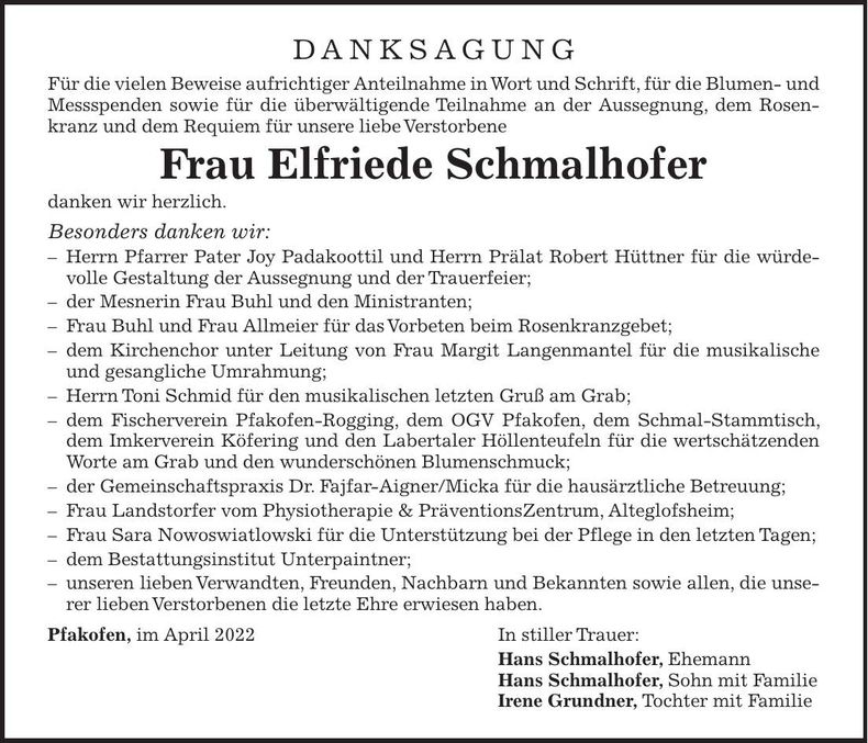 Traueranzeige Elfriede Schmalhofer