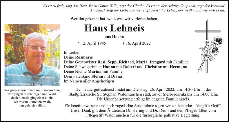 Traueranzeige Hans Lehneis