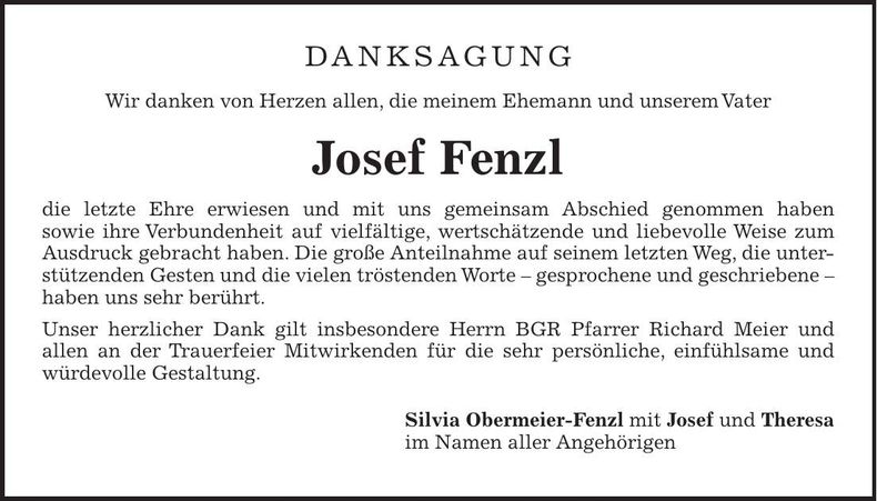 Traueranzeige Josef Fenzl