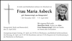 Traueranzeige Maria Asbeck