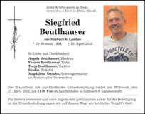 Traueranzeige Siegfried Beutlhauser