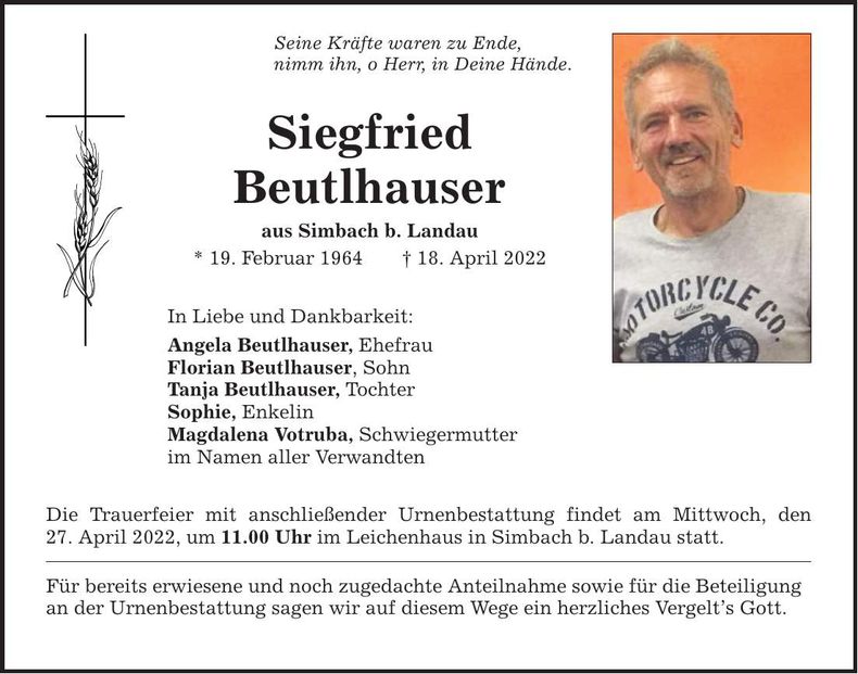 Traueranzeige Siegfried Beutlhauser