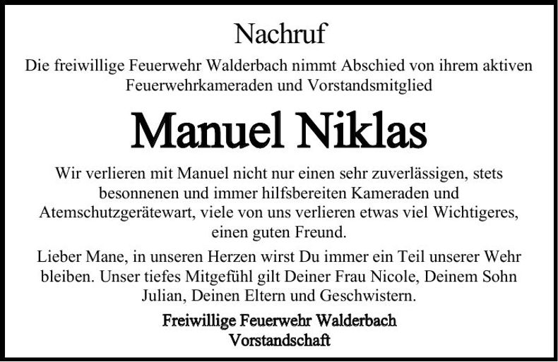 Traueranzeige Manuel Niklas