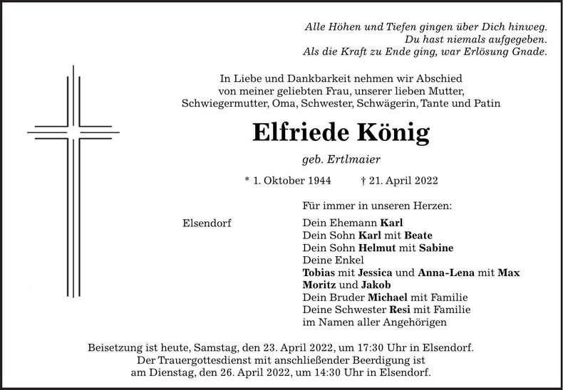 Traueranzeige Elfriede König