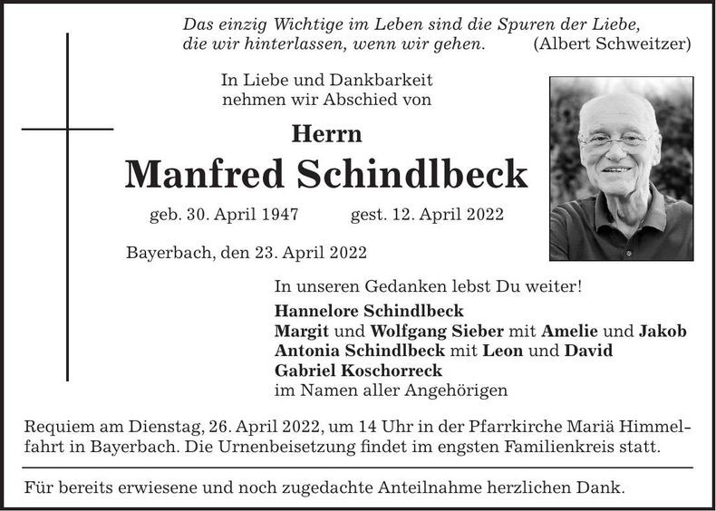 Traueranzeige Manfred Schindlbeck