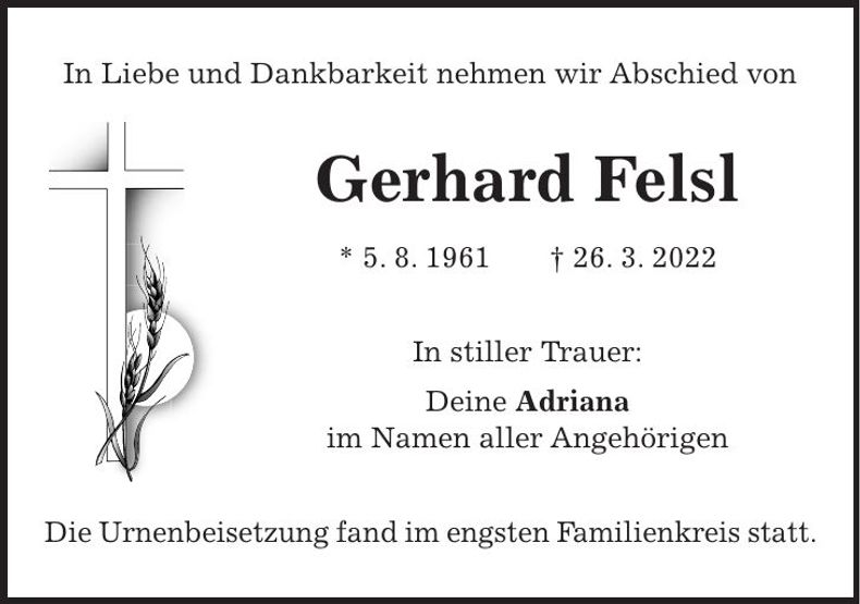 Traueranzeige Gerhard Felsl