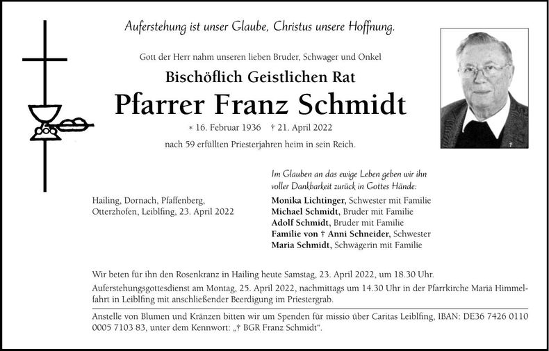 Traueranzeige Franz Schmidt