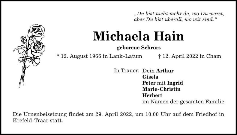 Traueranzeige Michaela Hain