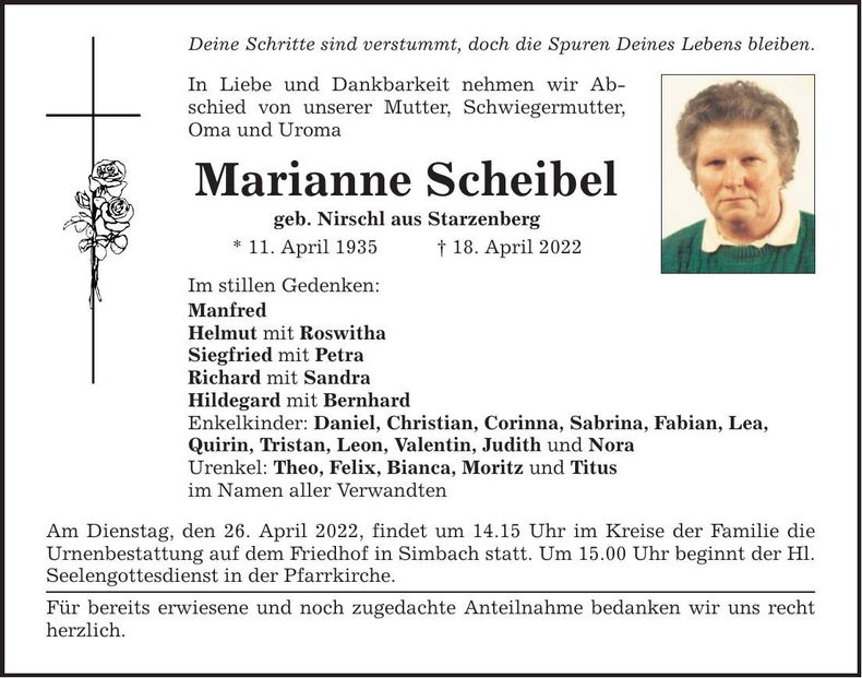 Traueranzeige Marianne Scheibel