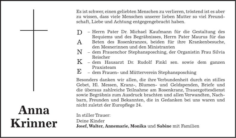 Traueranzeige Anna Krinner